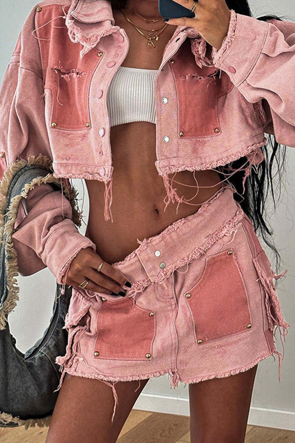 Pink Contrast Distressed Denim Crop Top Skirt Suits