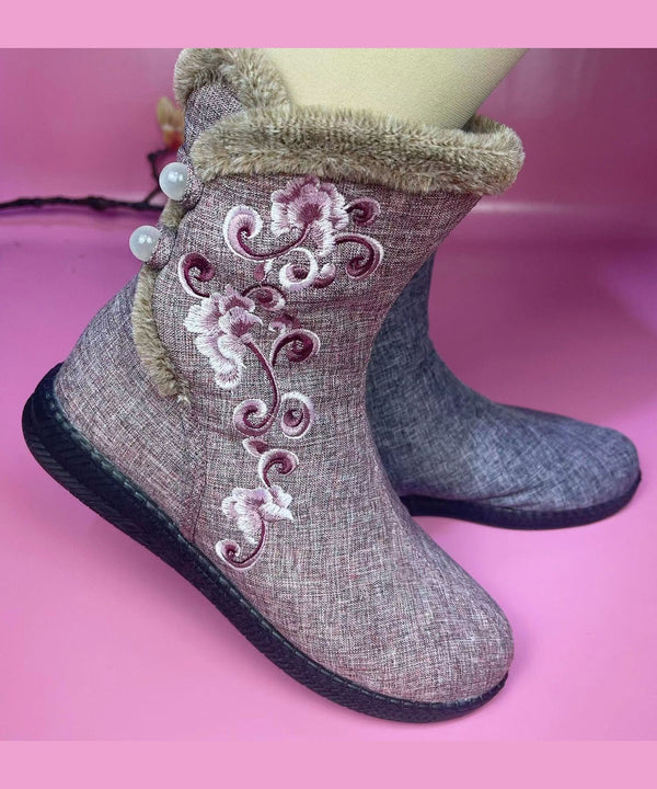 Pink Cotton Fabric Embroidery Splicing Fuzzy Wool Lined Boots