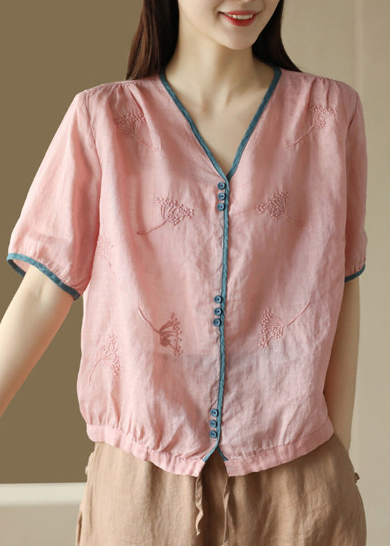 Pink Embroidered Patchwork Ramie Shirts Short Sleeve