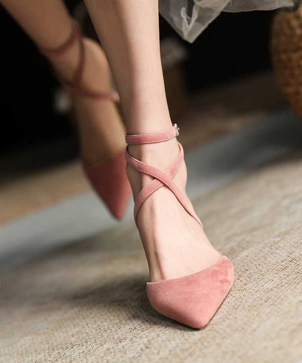 Pink High Heels Suede Pointed Toe Fashion Splicing Buckle Strap