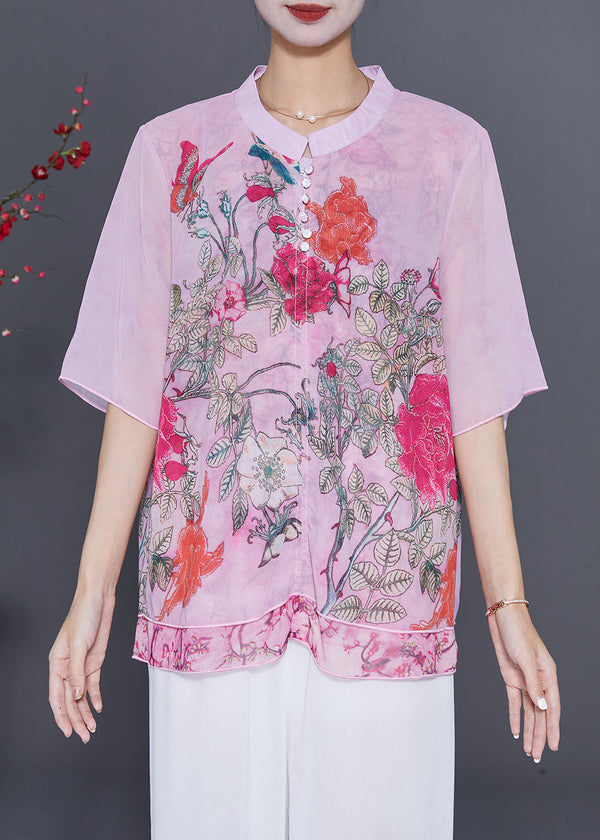 Pink Patchwork Chiffon Shirt Oversized Print Summer