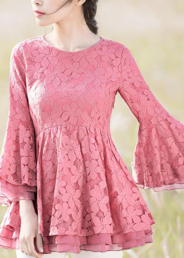 Pink Patchwork Embroidered Lace Shirts O Neck Spring