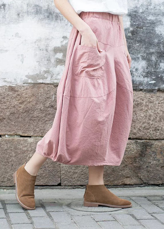 Pink Patchwork Linen A Line Skirt Pockets Solid Color Fall