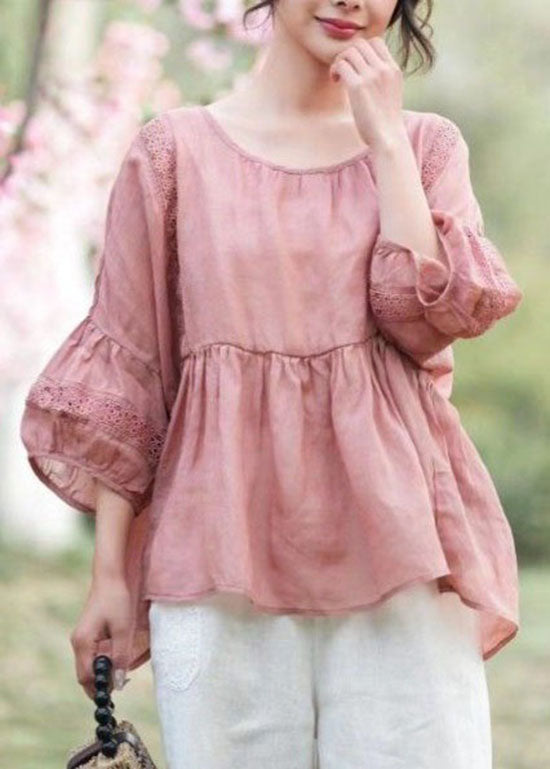 Pink Patchwork Linen Top Embroidered Hollow Out O Neck Summer