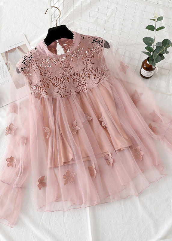 Pink Patchwork Tulle Two Pieces Set Embroidered Floral Spring