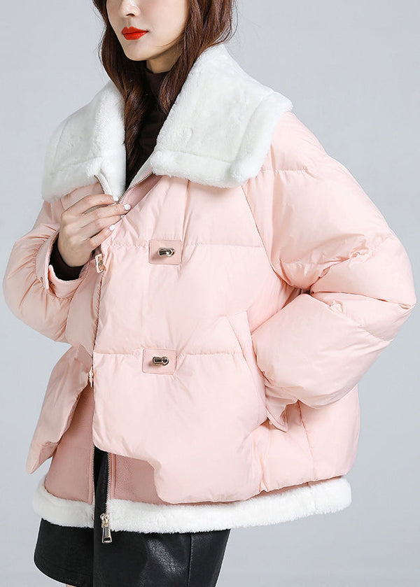 Pink Pockets Patchwork Fine Cotton Filled Puffer Jacket Square Collar Winter