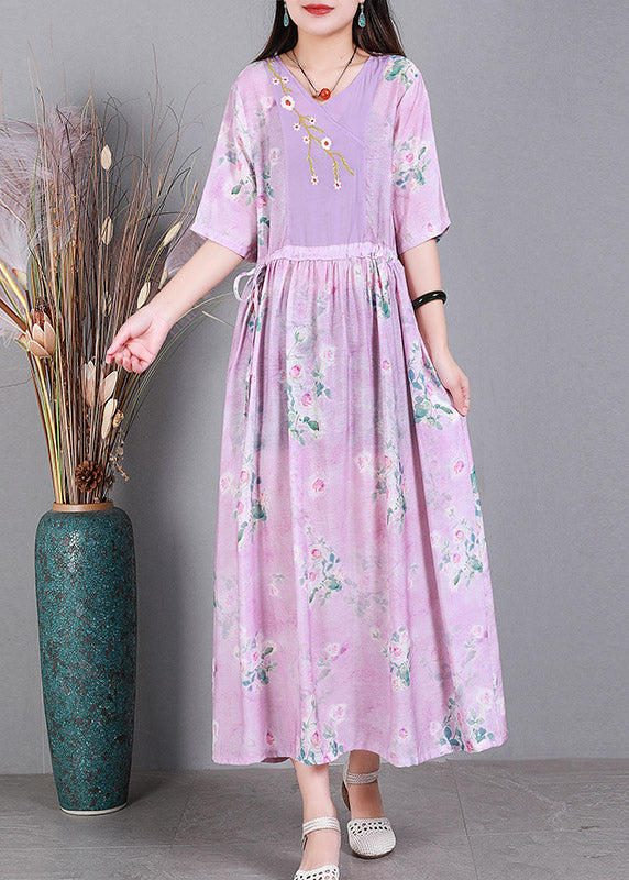 Pink V Neck  Embroidered Drawstring Tie Waist Silk Vacation Dresses Short Sleeve