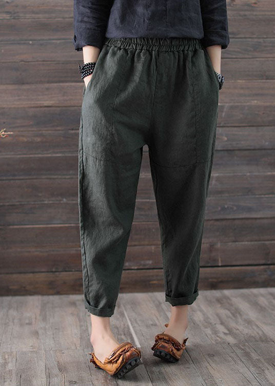 Plus Size Army Green High Waist Patchwork Linen Crop Pants Summer