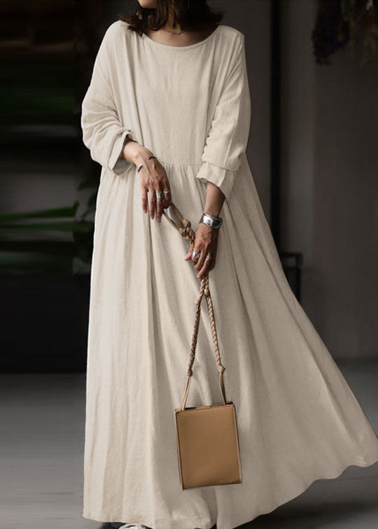 Plus Size Beige O Neck Wrinkled Patchwork Cotton Maxi Dress Spring