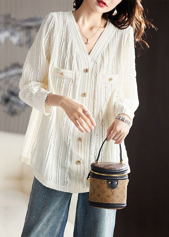 Plus Size Beige V Neck Wrinkled Pockets Cotton T Shirt Long Sleeve