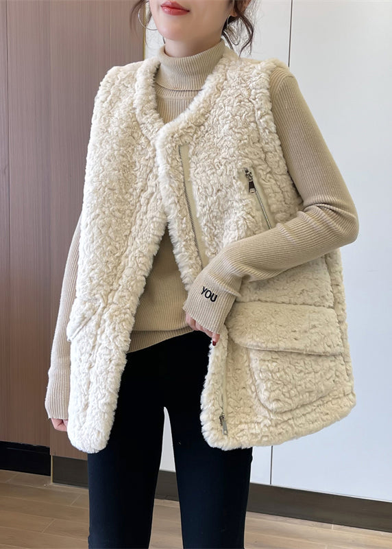 Plus Size Beige Zip Up Patchwork Faux Fur Teddy Vests Winter