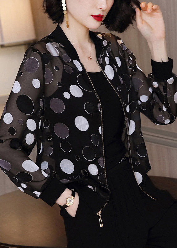 Plus Size Black Dot Print Zippere Chiffon Sunscreen Coat Long Sleeve