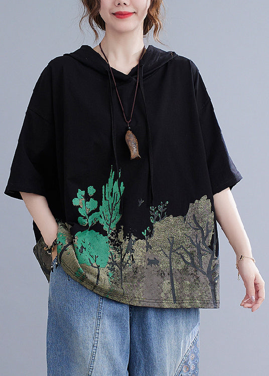 Plus Size Black Hooded Print Cotton Sweatshirt Summer