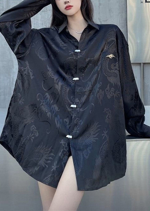 Plus Size Black Oversized Jacquard Silk Shirt Tops Fall