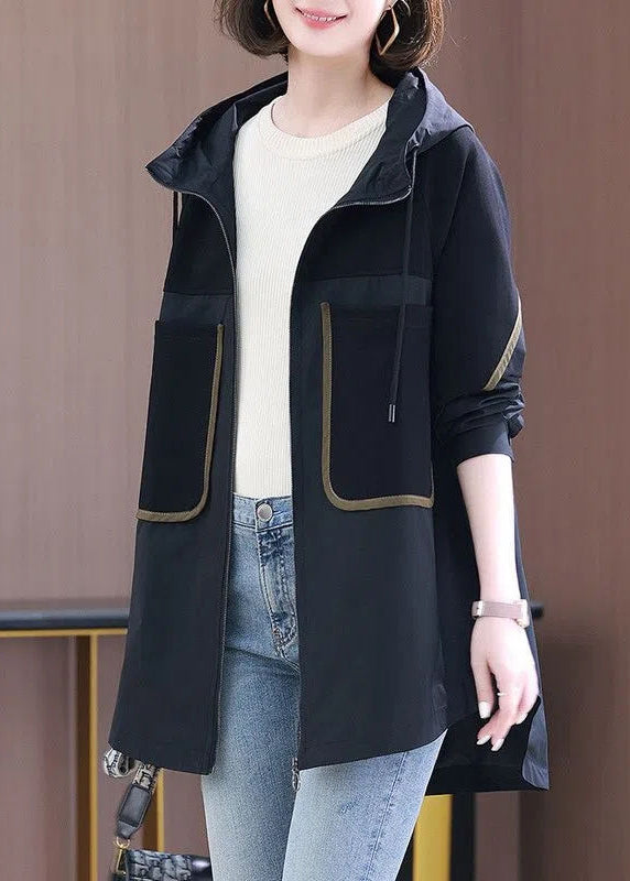 Plus Size Black Patchwork Zippered Pockets Hooded Coats Long Sleeve