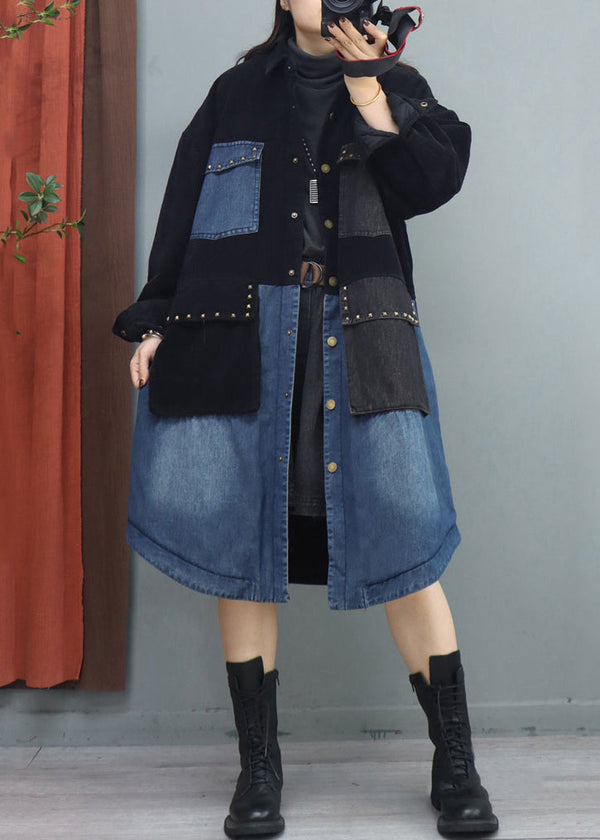 Plus Size Black Peter Pan Collar Pockets Patchwork Coat Fall