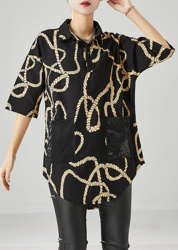 Plus Size Black Print Pockets Cotton Shirts Half Sleeve