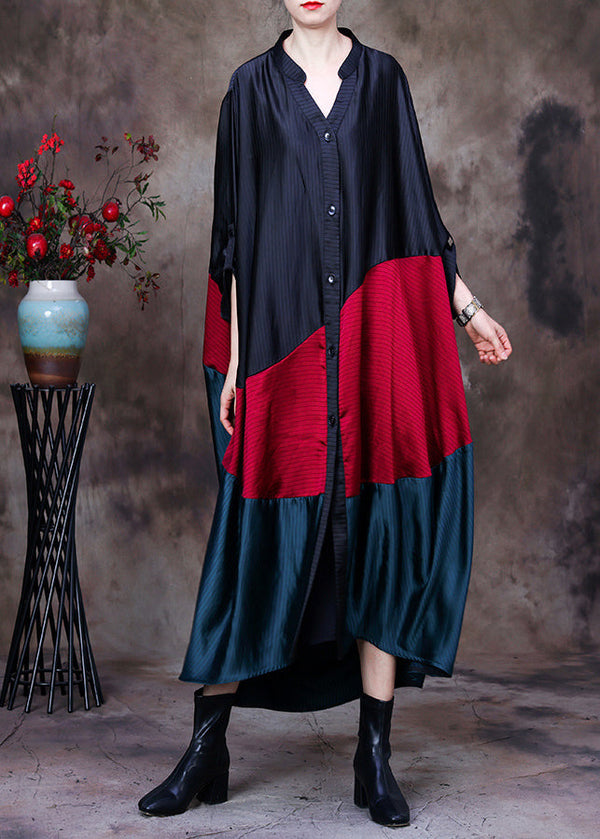 Plus Size Black Red Green Patchwork Low High Design V Neck Button Trench Coat Long Sleeve