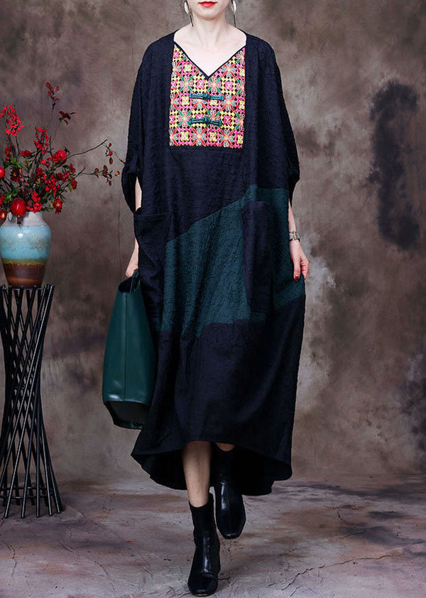 Plus Size Black V Neck Embroidered Patchwork Wrinkled Silk Dresses Long Sleeve