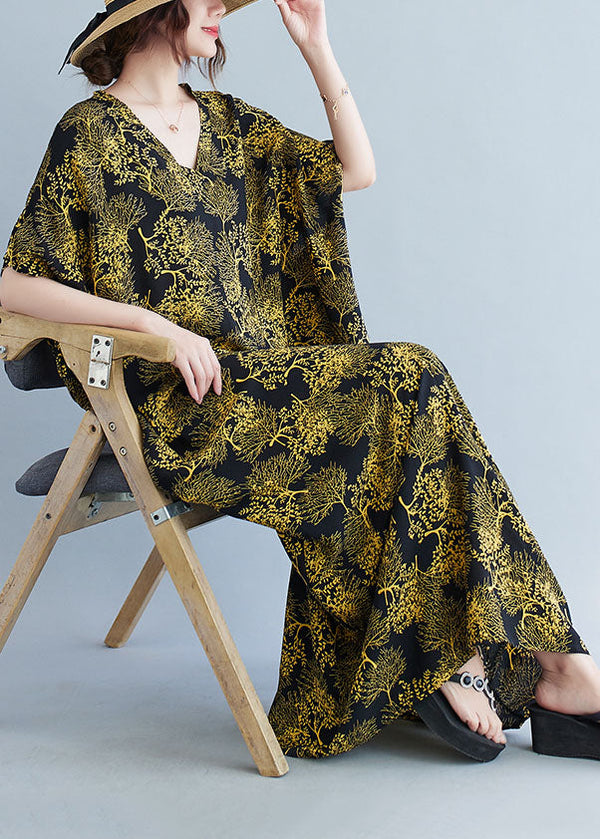 Plus Size Black V Neck Yellow Print Cotton Vacation Dresses Caftan Batwing Sleeve