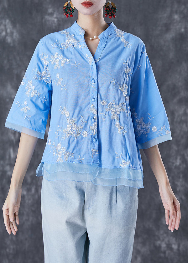 Plus Size Blue Embroidered Patchwork Linen Blouse Tops Summer