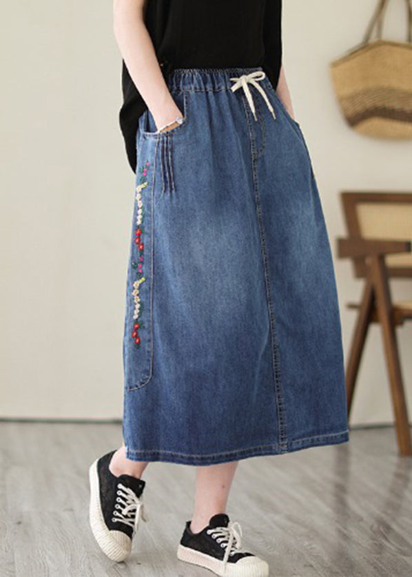 Plus Size Blue Embroidered Pockets Denim Skirts Summer