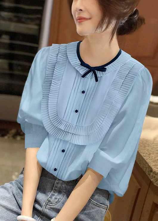 Plus Size Blue O-Neck Patchwork Bow Wrinkled Chiffon Shirt Bracelet Sleeve