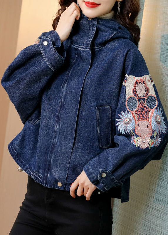 Plus Size Blue Stand Collar Embroidered Denim Coats Spring