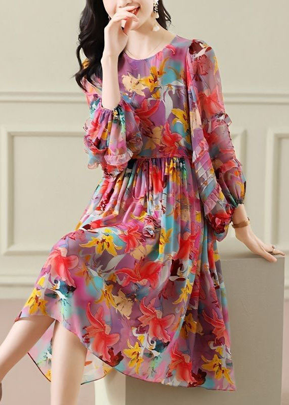 Plus Size Floral O Neck Wrinkled Patchwork Chiffon Long Dress Summer