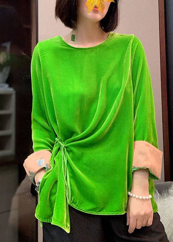 Plus Size Green O-Neck Cinched Velour tops long sleeve