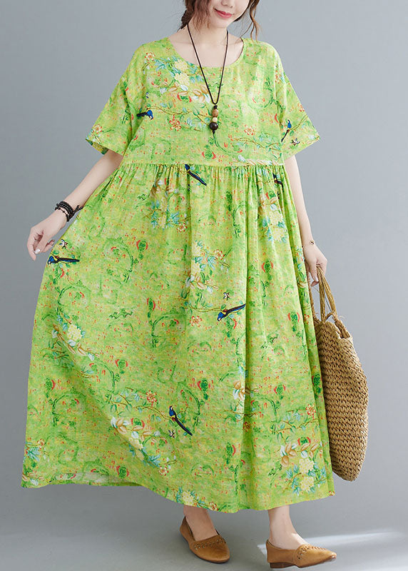 Plus Size Green O-Neck Print Exra Large Hem Wrinkled Cotton Long Dress Short Sleeve