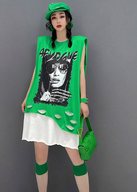 Plus Size Green O-Neck Print Patchwork Dress Sleeveless