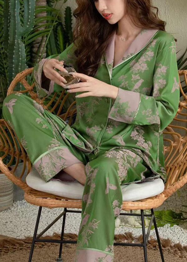 Plus Size Green Peter Pan Collar Patchwork Print Ice Silk Pajamas Two Pieces Set Spring