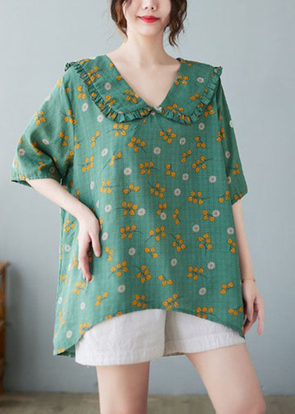 Plus Size Green Peter Pan Collar Ruffled Print Linen Tops Half Sleeve