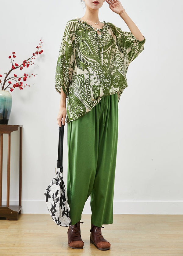 Plus Size Green Ruffled Print Linen Two-Piece Set Fall