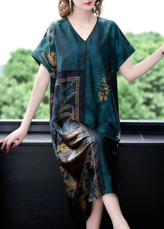 Plus Size Green V Neck Print Patchwork Silk Dress Summer