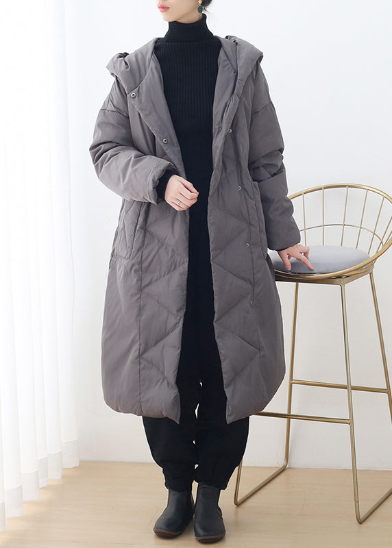 Plus Size Grey Button Pockets Hooded Down Coat Long Sleeve