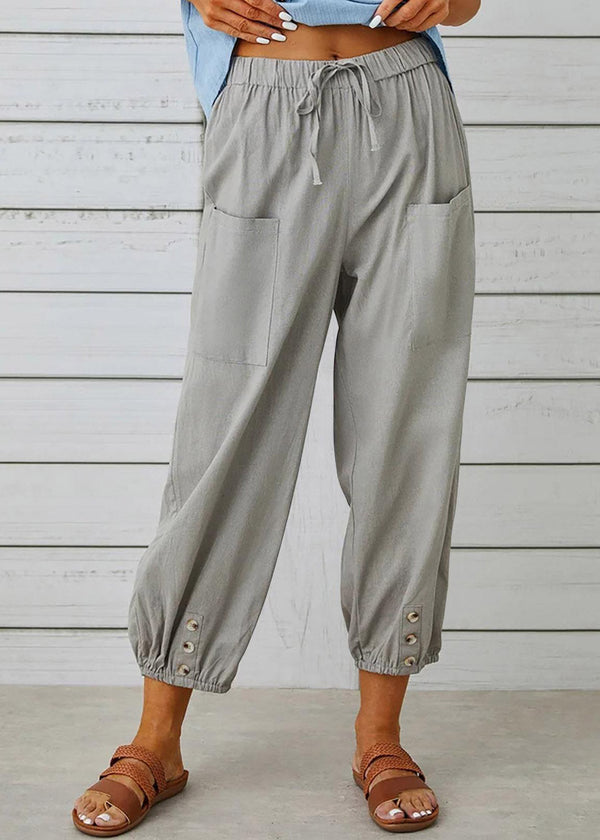 Plus Size Grey Elastic Waist Solid Crop Pants Summer