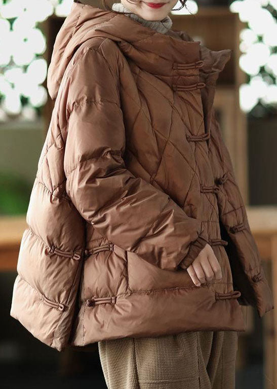 Plus Size Khaki Hooded Oriental Button Pockets Duck Down Down Jacket Winter