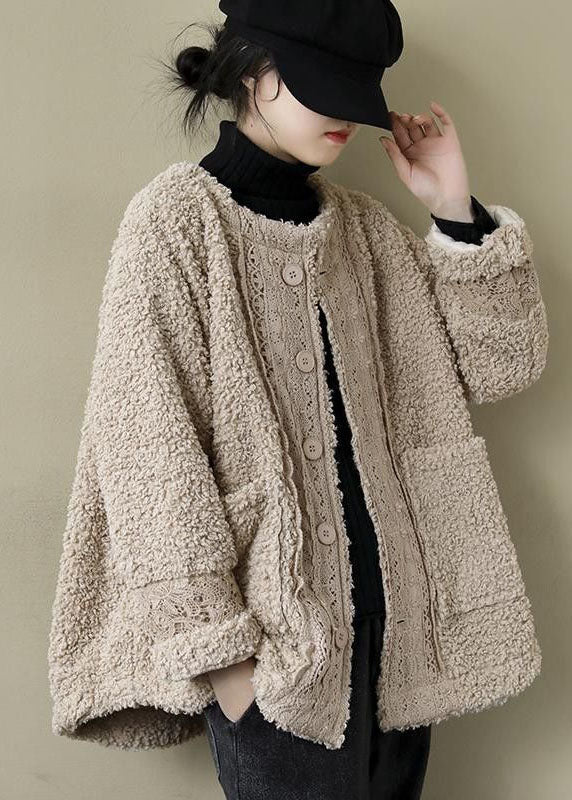 Plus Size Khaki O-Neck Lacer Patchwork Teddy Faux Fur Parka Winter