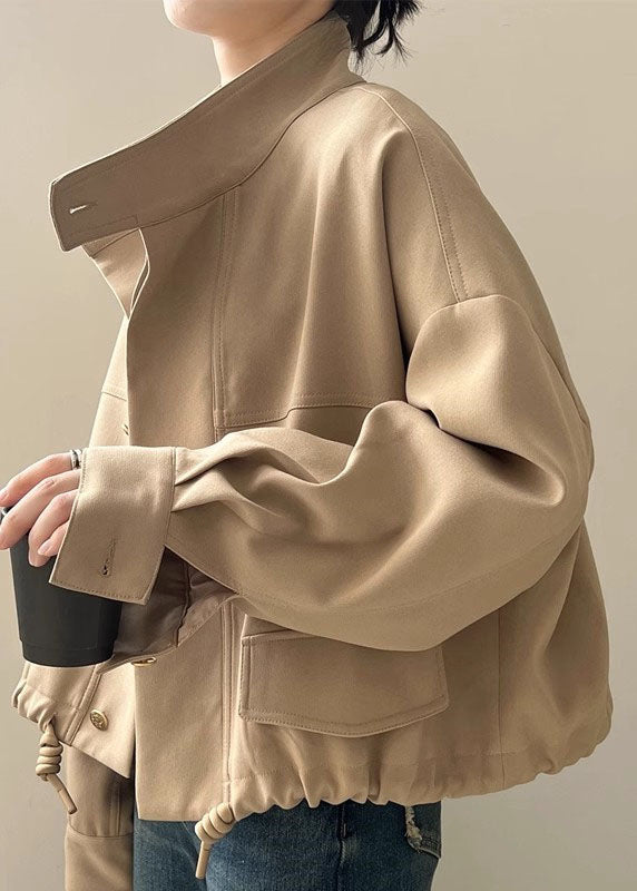 Plus Size Khaki Stand Collar Patchwork Drawstring Coat Long Sleeve