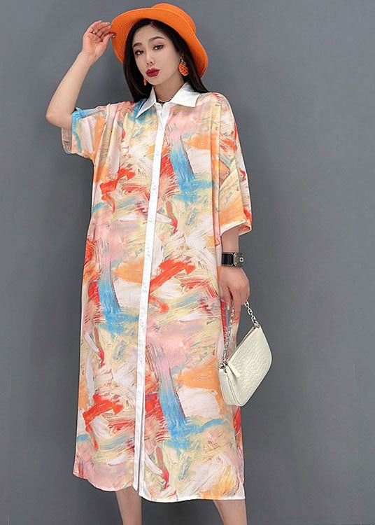 Plus Size Light Khaki Peter Pan Collar Tie Dye Print Chiffon Shirt Dresses Half Sleeve