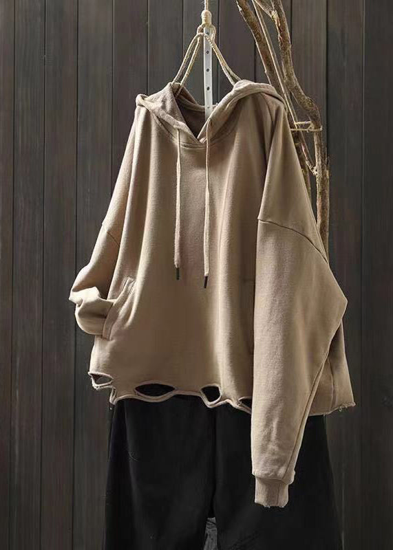 Plus Size Light Khaki Pockets Cotton Hooded Sweatshirts Top Fall