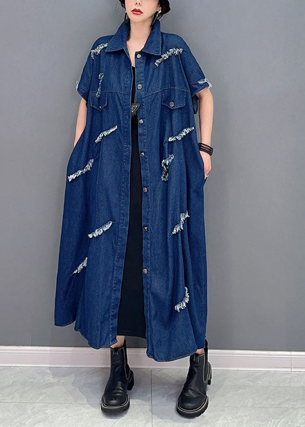 Plus Size Navy Oversized Cotton Ripped Denim Coat Outwear Short Sleeve