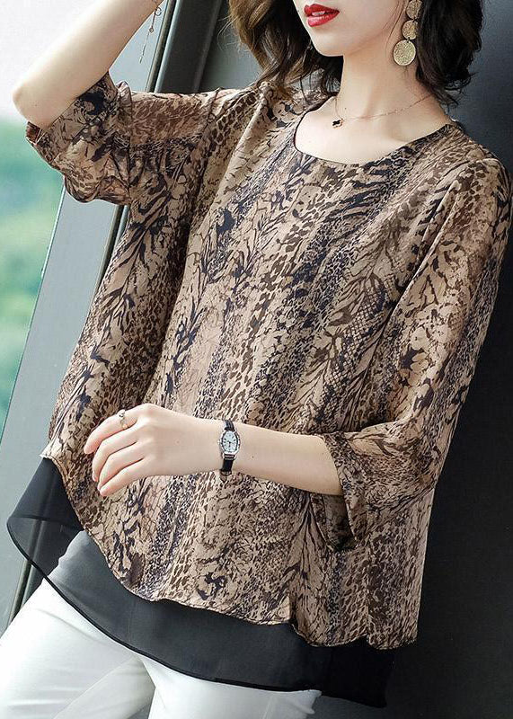 Plus Size O-Neck Organza Patchwork Leopard Chiffon Blouses Summer