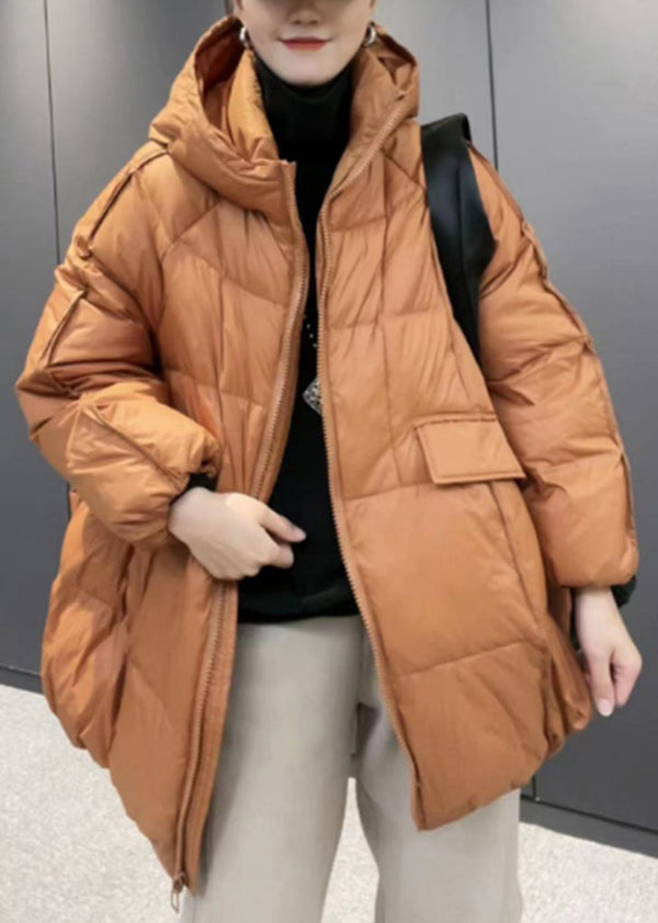 Plus Size Orange Hooded Zippered Patchwork Duck Down Coat Long Sleeve