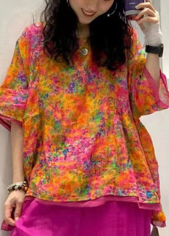 Plus Size Orange O Neck Print Patchwork Linen Blouse Tops Summer