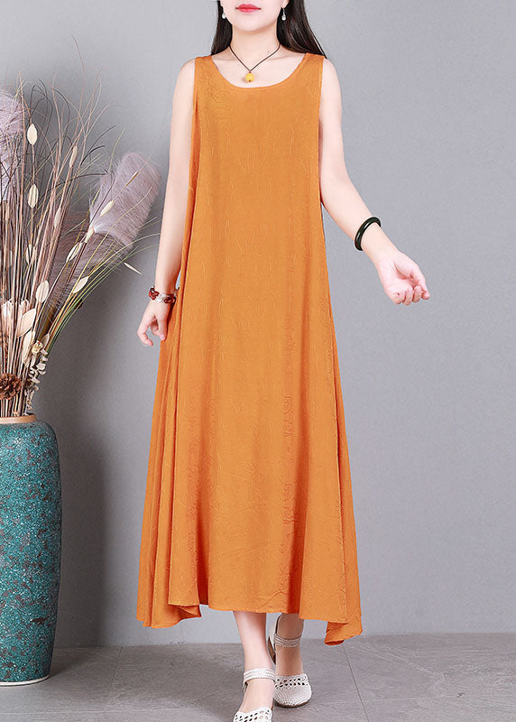 Plus Size Orange O-Neck Solid Color Linen Long Dress Sleeveless