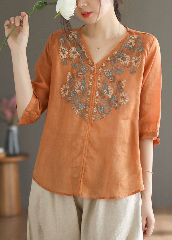 Plus Size Orange V Neck Embroidered Linen Blouse Top Half Sleeve