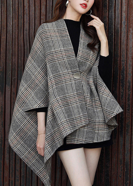 Plus Size Plaid Asymmetrical Button Patchwork Cotton Coats Fall